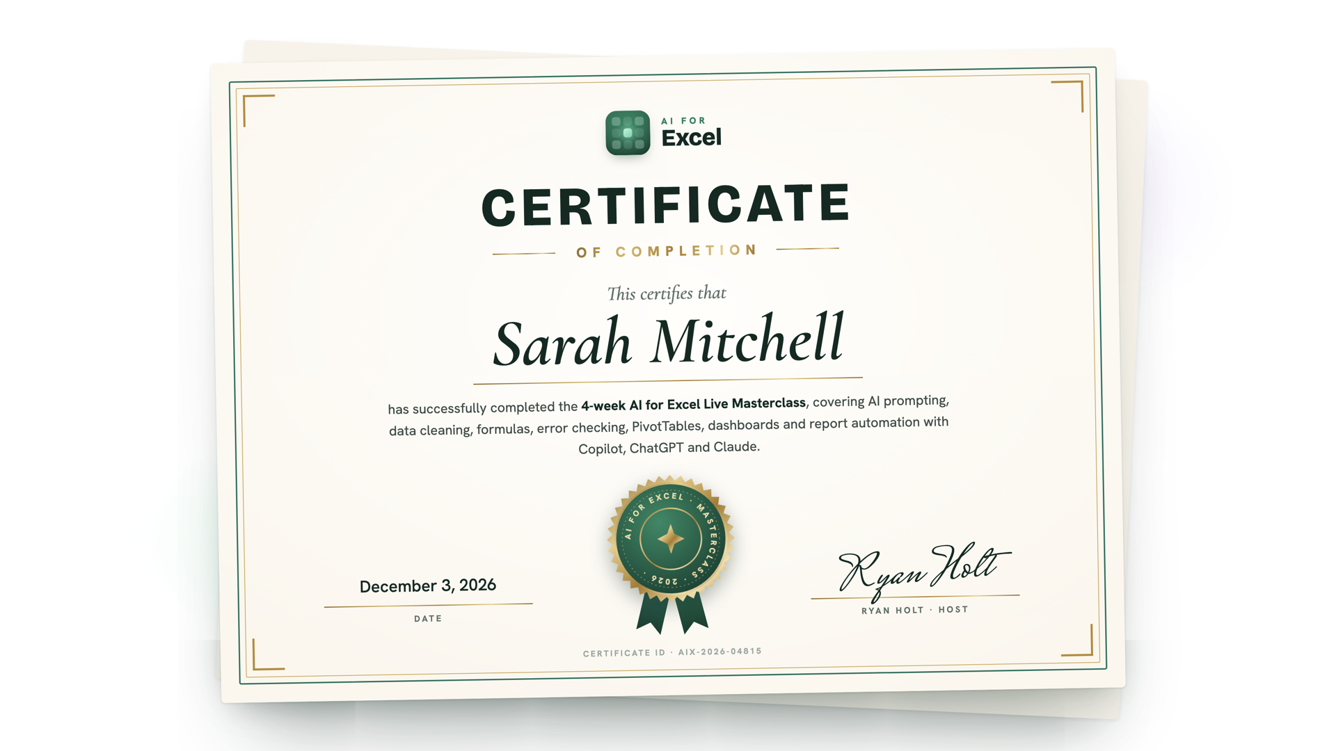 AI for Excel Masterclass certificate of completion example